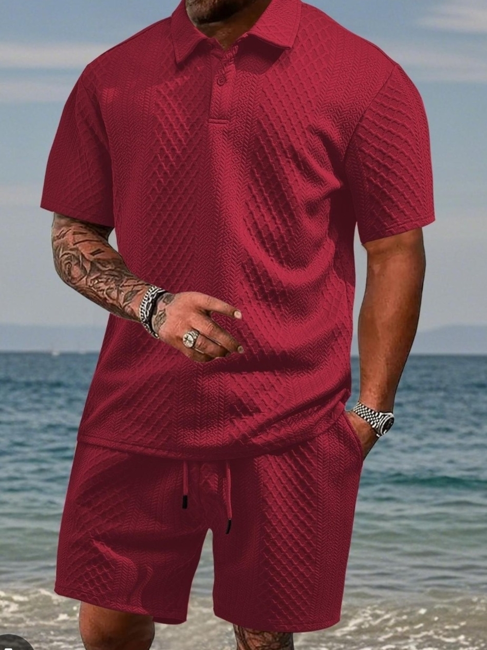 Men's Knit Polo and Shorts Set - Deep Red